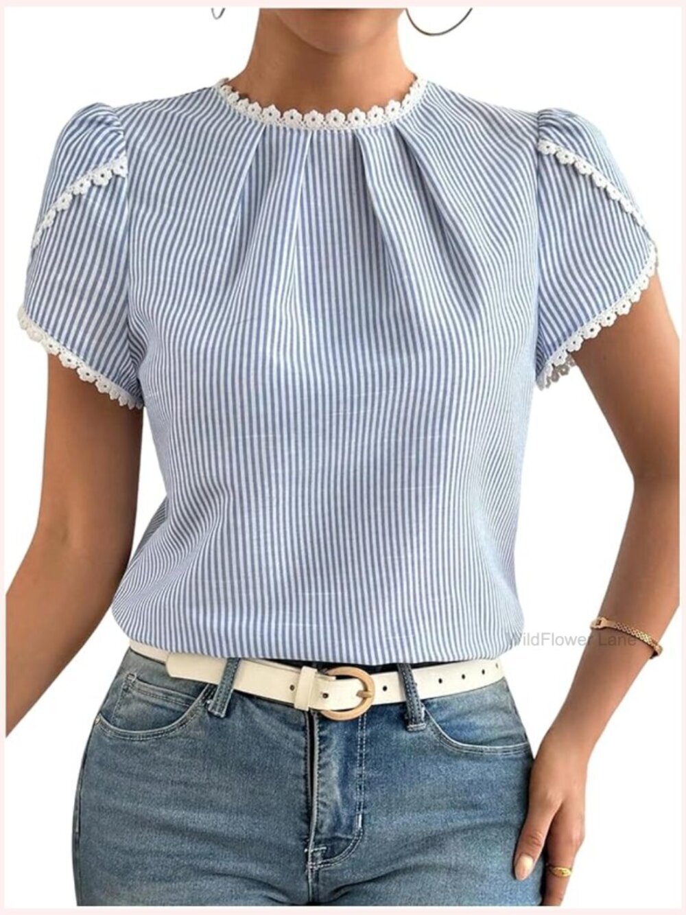 Women's Striped Blouse with Lace Trim Cap Sleeve
